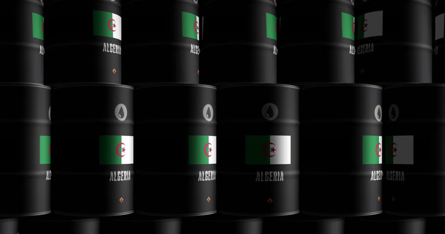 Algeria oil business and fuel extraction barrels in row seamless and loopable concept. Algerian petrol industrial containers.
