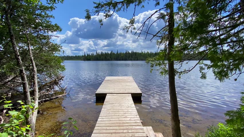 Wooden dock extending into a calm lake with gentle ripples and a forest shoreline on a sunny summer day.
