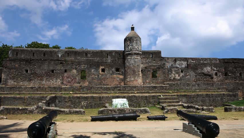 Stunning scenes of Historic Fort Jesus site, with Cannons, Mombasa, Kenya. Old Civilization with rich archeological and architectural history., UNESCO world heritage site.