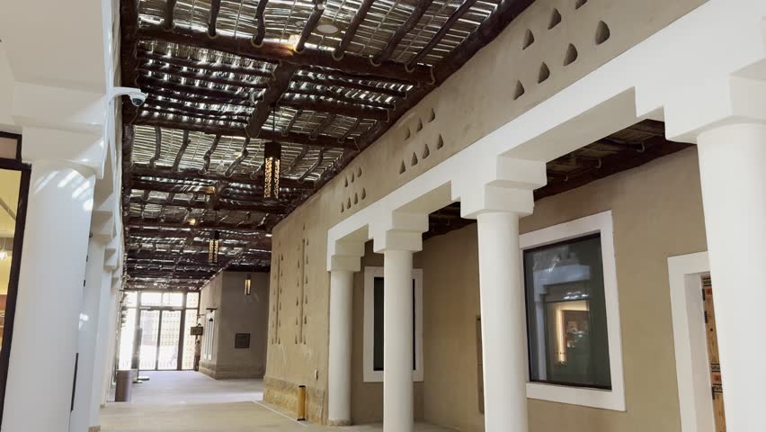 Traditional Najdi hallway architecture with wooden ceiling and white pillars in heritage site
