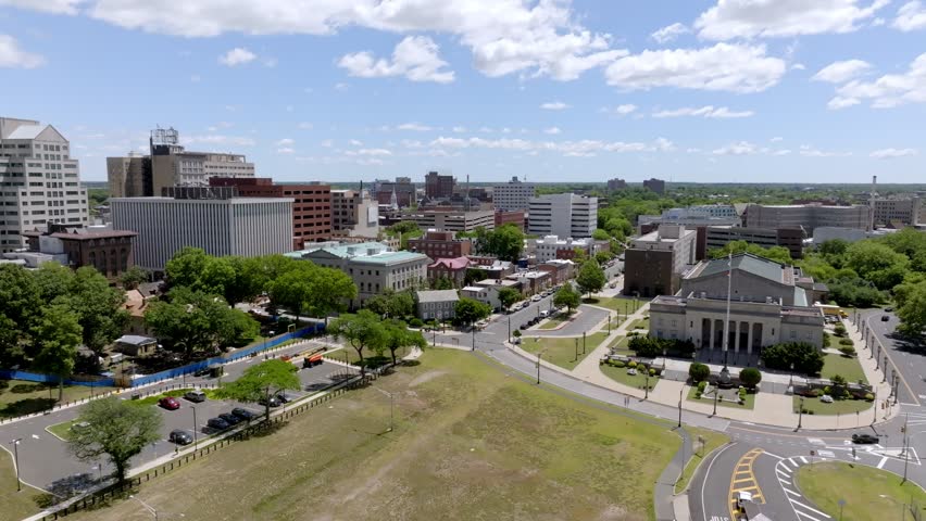 Trenton, New Jersey downtown skyline with drone video moving in.