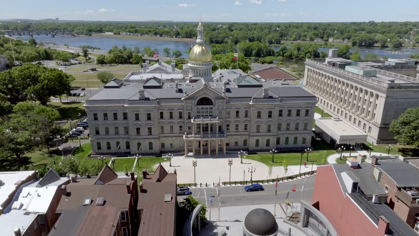 New Jersey state capitol building in Trenton, New Jersey with stable drone video close up.