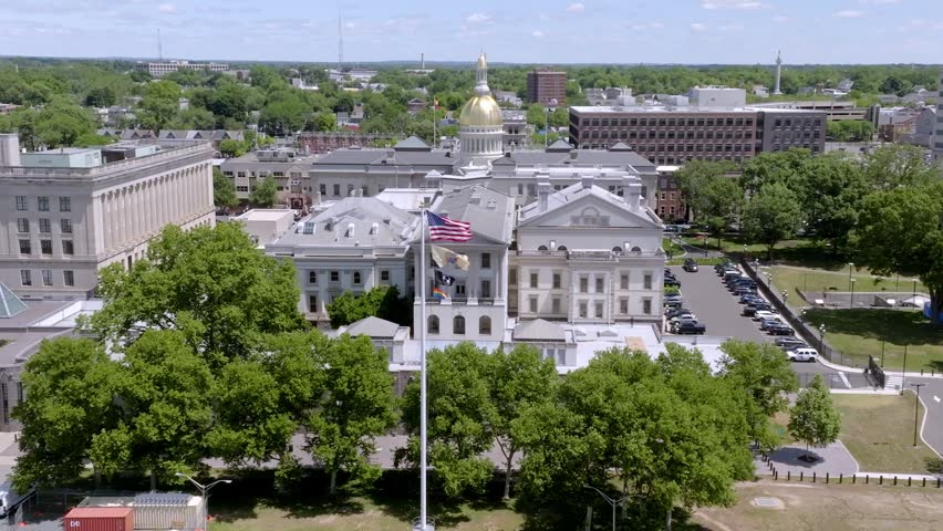 New Jersey state capitol building in Trenton, New Jersey with stable drone video parallax.
