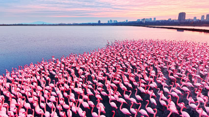 Large flamingo flock fills lake shore at sunset, Bulgaria. Dense pink birds stretch toward blue water beneath a colorful sky.