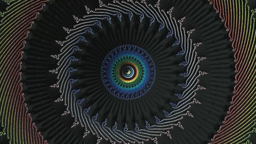 Mesmerizing mathematical fractal animation revealing intricate patterns swirling across a dark textured surface with changing colors
