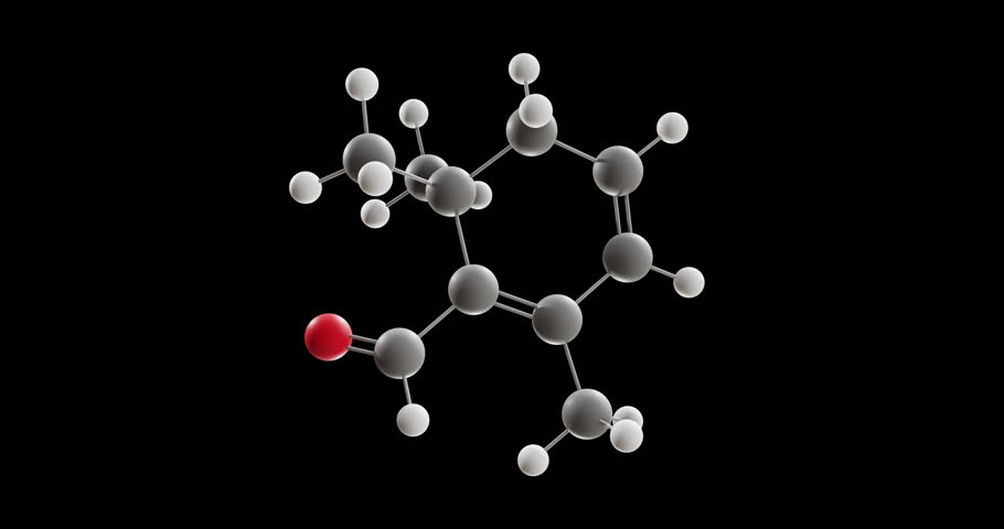 Safranal molecule, rotating 3D model of flavoring agent, looped video on a black background