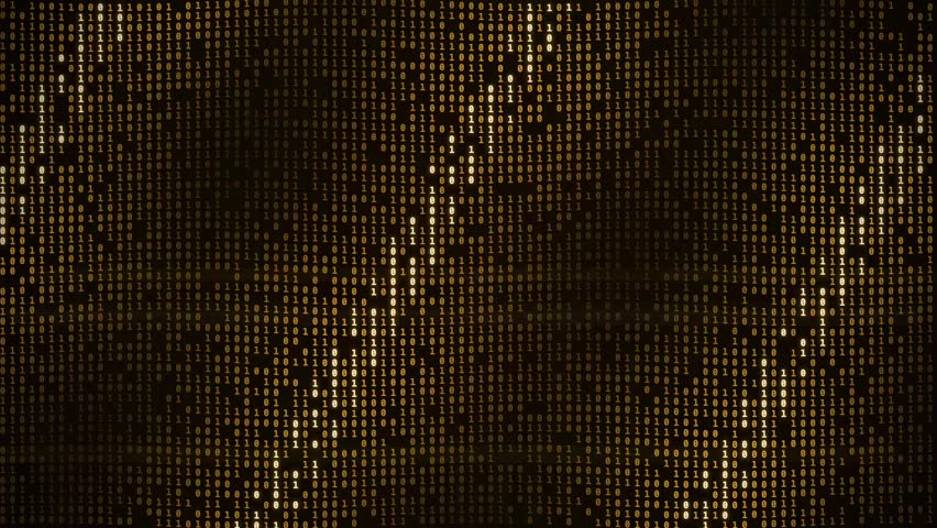 Binary code falling on abstract digital background with vertical motion streaks, vertical columns, glowing, gold