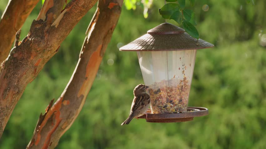 House Finch Perched At A Hanging Bird Feeder On A Sunny Morning. Close-up Shot