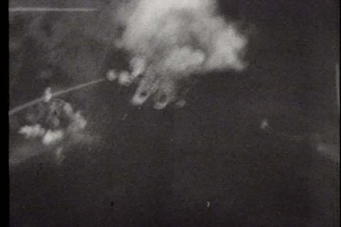 1940s - A film about World War II - footage of planes flying and bombing the German warship, Tirpitz