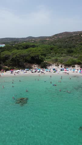 Vertical aerial view of a quiet green-blue bay and natural shoreline in Corsica, France, surrounded by low hills and Mediterranean vegetation.