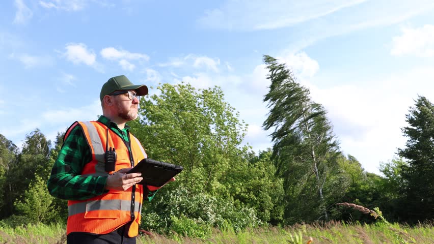 Ecologist, climatologist or environmental supervisor in protective uniform analysing weather data on a digital tablet in front of a green forest and cloudy blue sky.	
