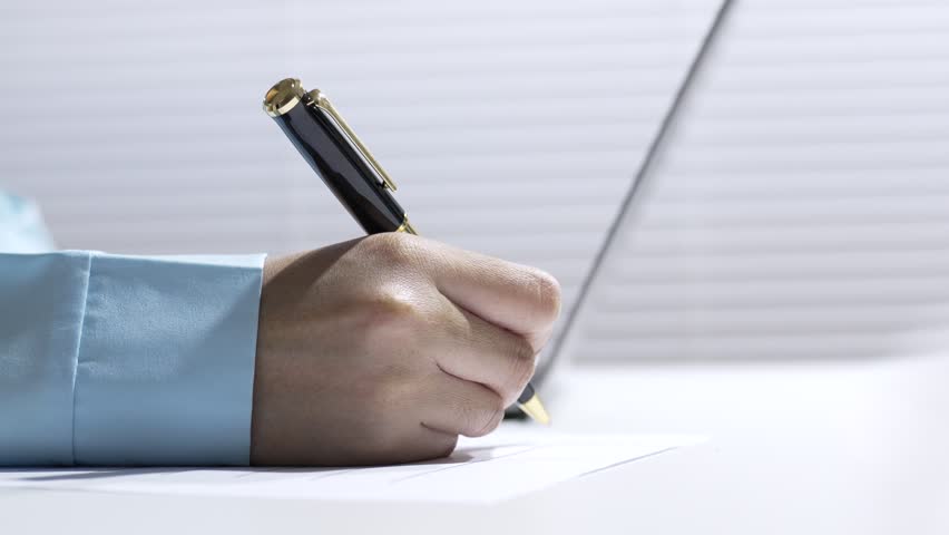 Closeup hand holding pen writing blank paper office with soft light calm focus person finger thumb grip, handwriting hand holding pen paper office with closeup view and calm focus, writing hand with