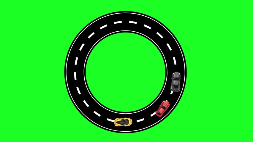 Circular road with dashed center lines and vehicles around its edge. Black asphalt path with white dashed lines forming a ring. Red, yellow, and black toy cars move along the curved track