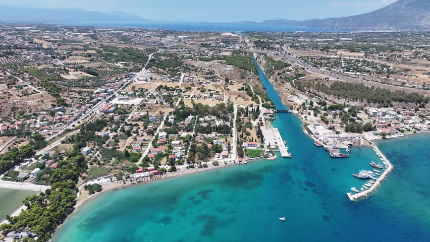 Aerial Footage of the Corinth Canal in Greece separating mainland from the Peloponnese 