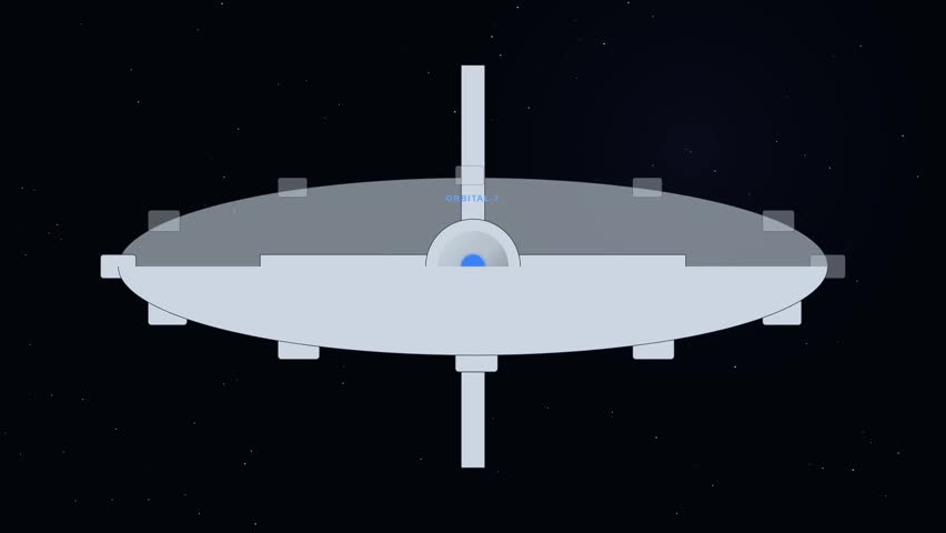 A minimalist 2D flat-style vector illustration of a futuristic orbital space station named ORBITAL-7. The station is depicted floating in a dark, star-filled deep space environment, featuring a sleek disc design, central glowing blue core, and symmetrical structures.