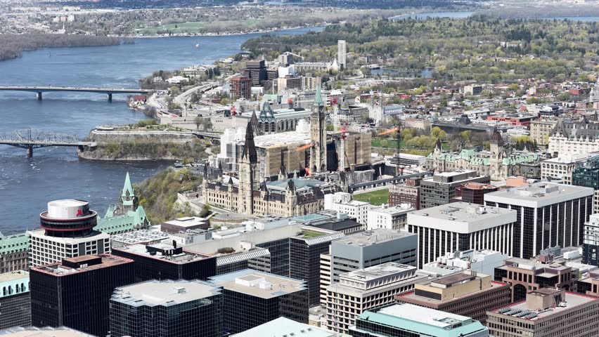 Aerial view of Parliament Hill, Ottawa, Ontario, Canada and Gatineau across the Ottawa River. g.
