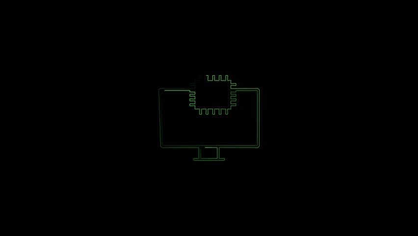 This vector illustration depicts a microchip with rectangular center and surrounding lines representing connections.