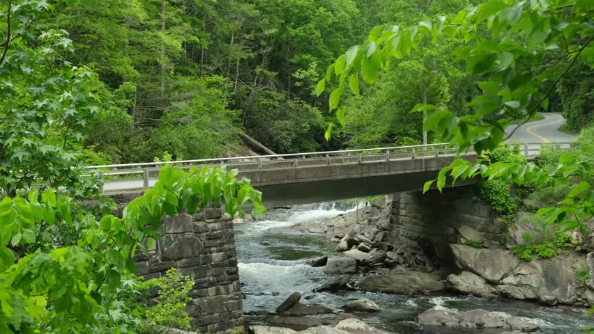 A car bridge over a mountain river in the forest. The water in the river tumbles over rocks. A small waterfall is visible in the background.