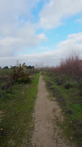 A narrow dirt path stretches through open fields and bushes beneath a bright sky in the countryside