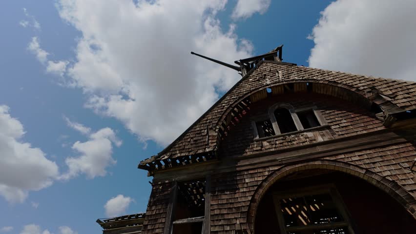 A low angle of the abandoned Govan Schoolhouse located in the ghost town of Govan, Washington