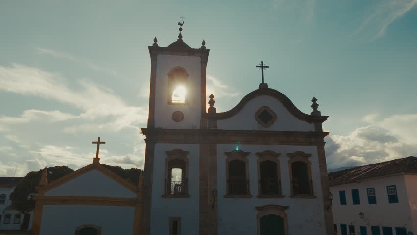 Aerial view of the church of Santa Rita of the colonial town of Paraty at sunset, Brazil