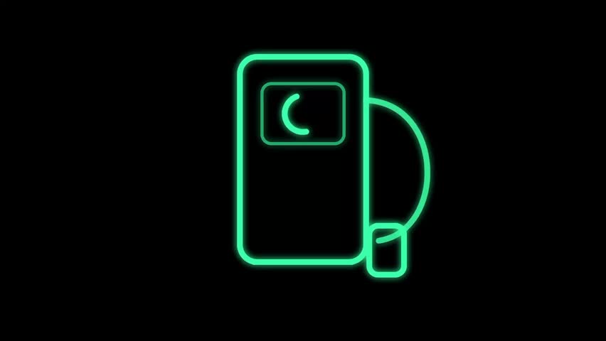 Close-up of a neon-lit electric vehicle charging station on black background.