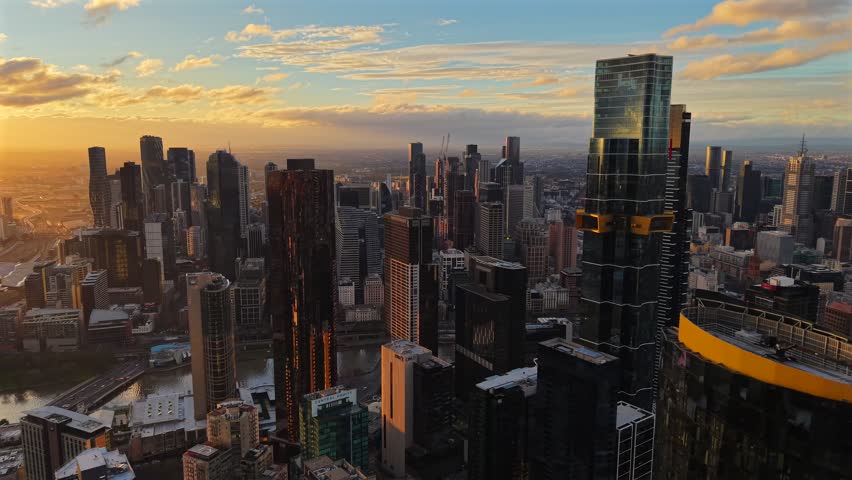 Panning video from above Southbank across the Yarra River toward Melbourne