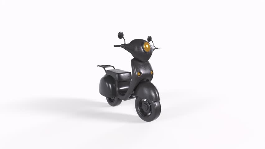 A black scooter is rotating on a white background. The scooter has a round shape and a simple design. It highlights a unique style without any other details.