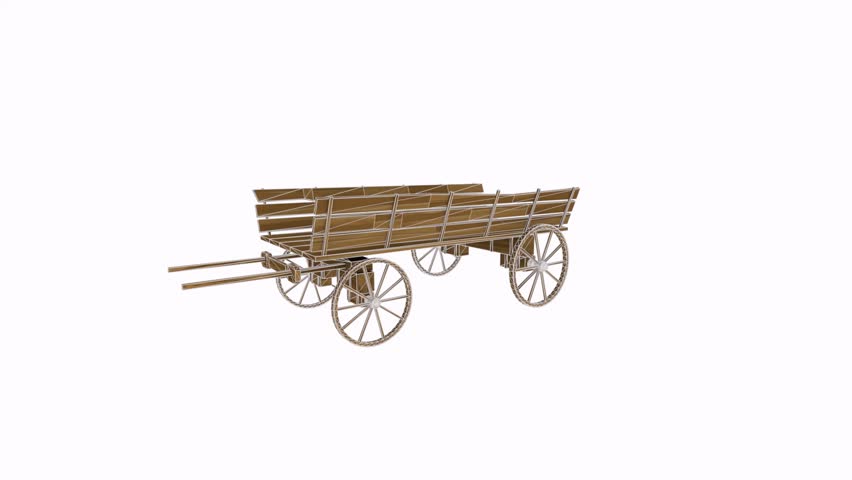 A wooden cart spins slowly against a bright white background