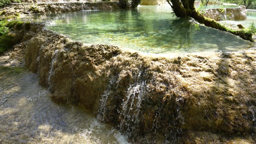 Summer Stream Flowing Down Over Travertine Calcified Rock Formations Surrounded by Lush Green Forest in Huanglong Scenic Area, Songpan, Aba, Sichuan, China