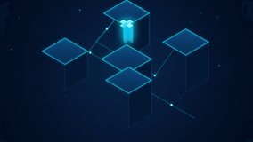 This abstract animation features a network of glowing cubes and interconnected nodes against a dark blue background. The sequence showcases data transfer and digital connectivity in a virtual system. - Powered by Shutterstock - Get 15% off with code: PIKWIZARD15