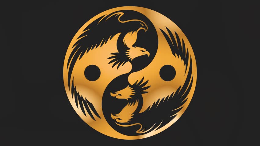 A 3D seamless loop animation of a Yin Yang symbol featuring golden eagles with a flowing metallic liquid texture on a dark background.