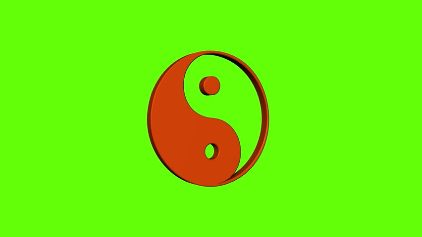 3D glossy orange Yin Yang philosophy balance symbol rotating smoothly in a continuous 360-degree loop on a chroma key green screen background. Great spiritual graphic overlay element for harmony, martial arts, Taoism, meditation, and Eastern philosophy video projects.