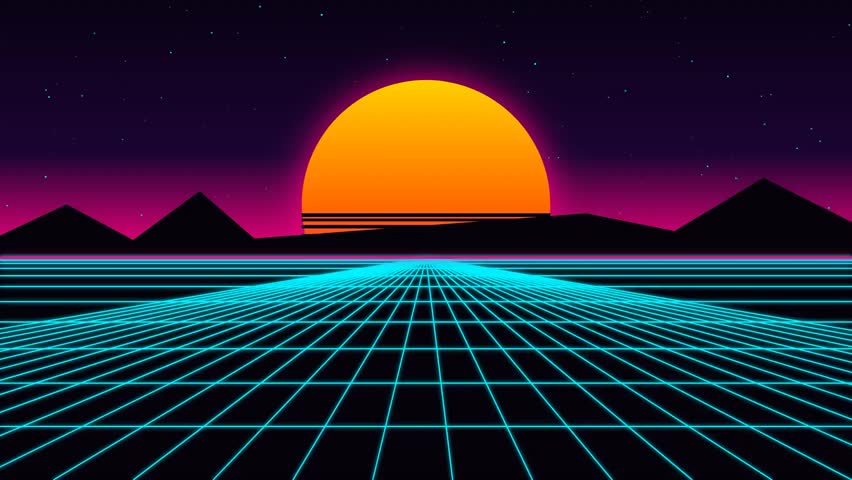 Vibrant retro-futuristic landscape with a glowing orange sun setting over a neon blue grid and stylized mountains under a starry purple sky.