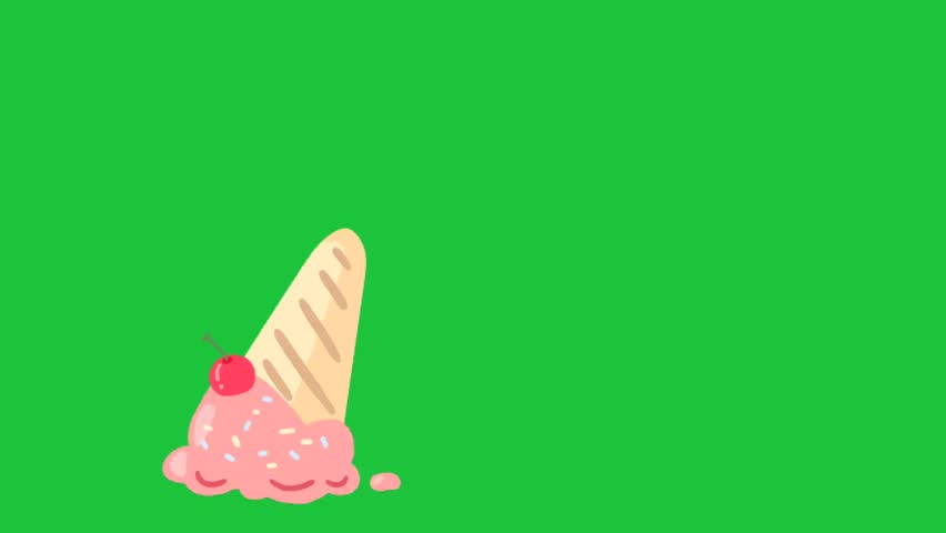 Dropped ice cream cone with cherry and sprinkles on a green background animation vector illustration