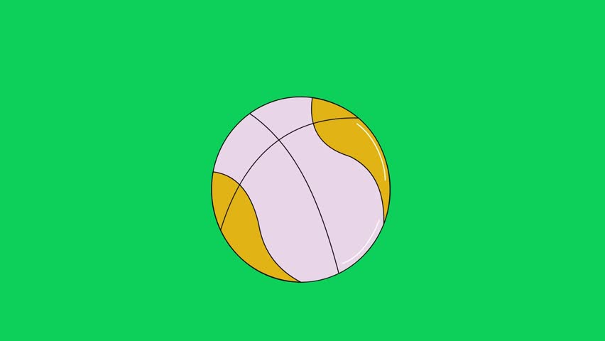 Simple 2D flat animated basketball in yellow and purple colors spinning smoothly in a continuous loop on a chroma key green screen background. Excellent athletic graphic element for sports broadcasts, basketball tutorials, streetball promos, and gaming edits.