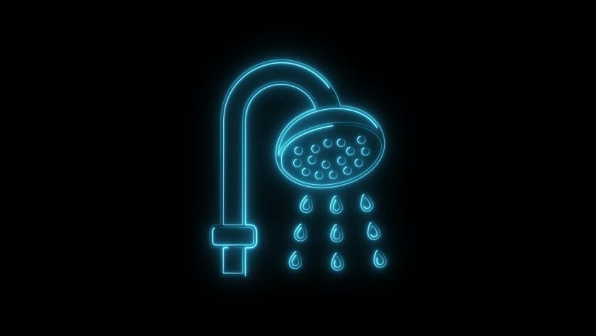 Glowing blue neon shower head icon with falling water drops animated against black background