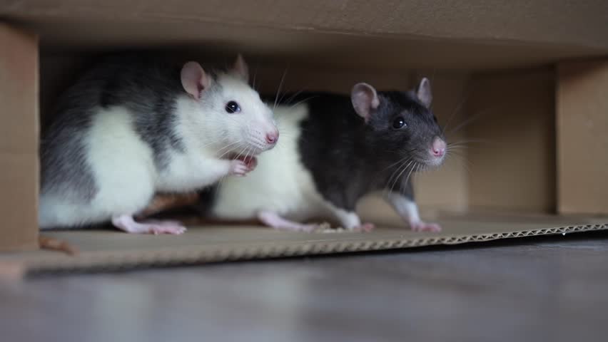 Two domestic rats eating food inside a cardboard structure on the floor indoors. Rats, feeding, cardboard, domestic pets