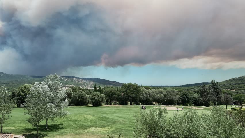 Pyrocumulus cloud forming above a forest wildfire in the mountains
