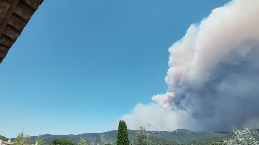 Pyrocumulus cloud forming above a forest wildfire in the mountains