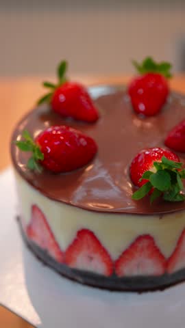 Vertical Shot of Strawberry Chocolate Cream Cake Rotating on Display Stand