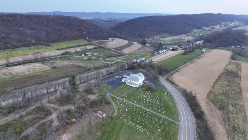 Pennsylvania Barn and Utility Vehicle on Rural Road Aerial View