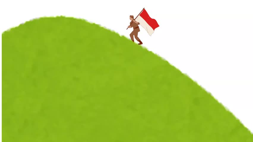 An illustration of a spirited and valiant soldier carrying the Red and White flag atop a hill.