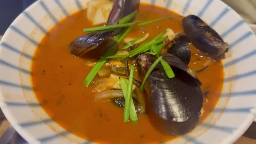Delicious spicy Korean Chinese seafood noodle soup jjamppong