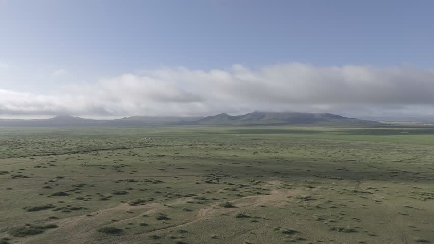 A 4K aerial view of endless Mongolian grassland extending toward a mountain horizon, with scattered vegetation and layered clouds in soft daylight