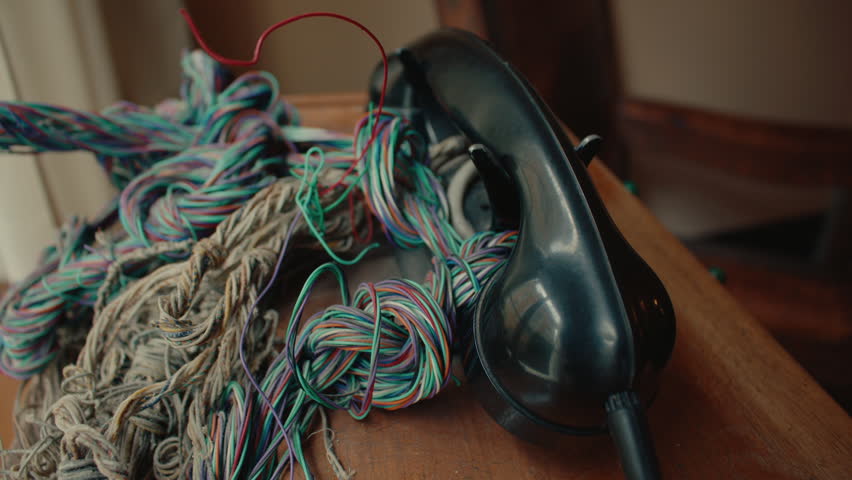 Retro black telephone with colorful communication wires creating nostalgic vintage technology and classic office atmosphere