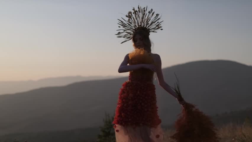 A young woman in a headdress made of spikelets and in an autumn dress of flowers holds dry branches with leaves in her hand on the background of sunset in the mountains. Slow Motion