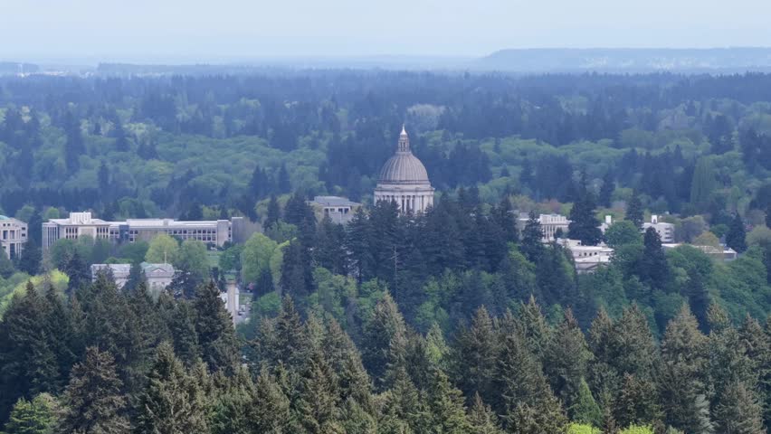 High angle cinematic footage capturing university campus buildings and central dome structure surrounded by dense coniferous forest trees under soft daylight conditions aerial view.