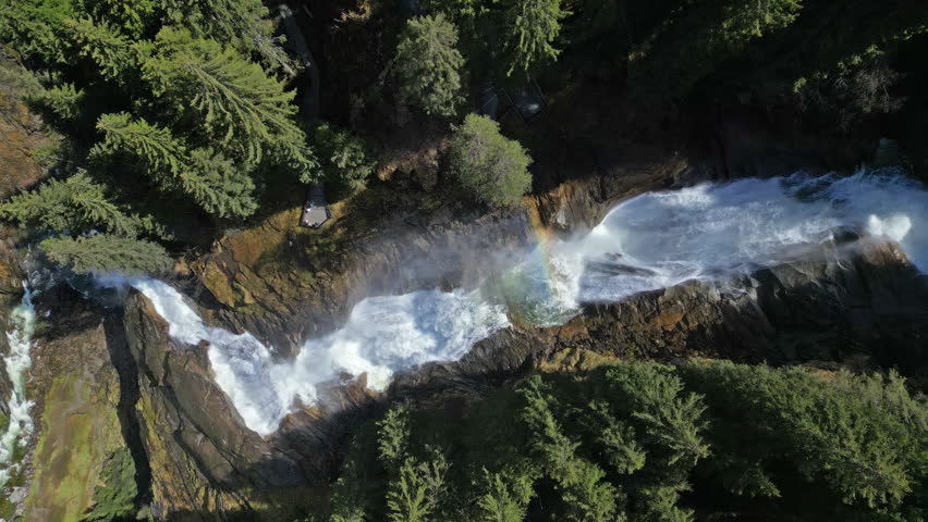 Aerial top view of Krimml Waterfalls in forest mountain. High Tauern National Park, Austrian Alps, Austria, 4k
