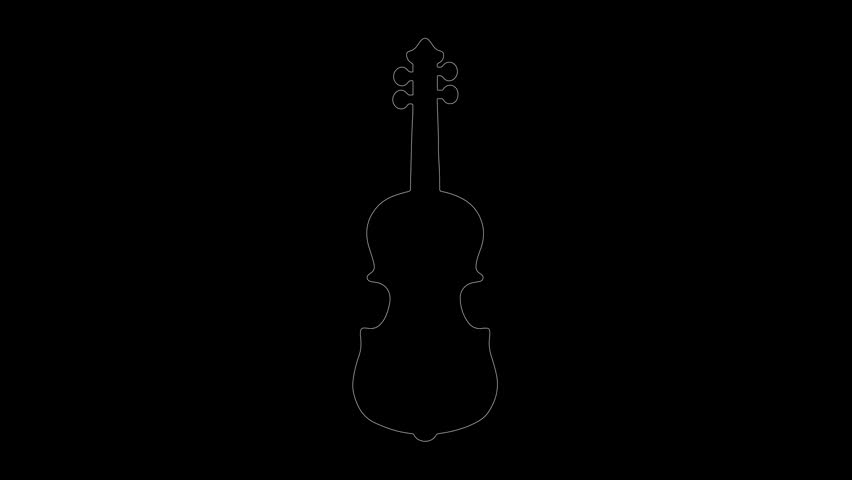 Vibrant glowing yellow neon violin outline graphic animation. Bright golden stringed musical instrument icon shining on dark background for orchestra, classical music, concert, sound visual projects.